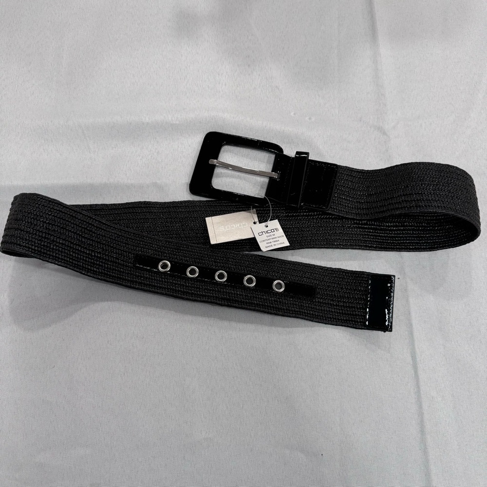 Chico's NWT Belt Women's Black Size M   Patten Leather & Woven Fabric